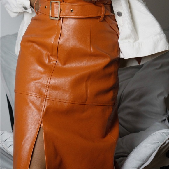 J.ING Vegan Leather Orange Midi Skirt - Picture 2 of 10